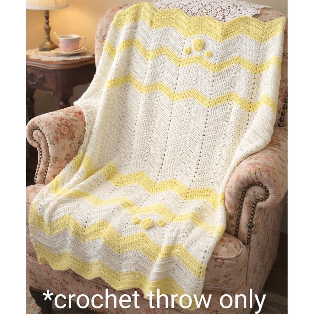 Handmade Crochet Baby‎ Blanket Chevron Ripple Yellow Rosettes White Floral 49x46